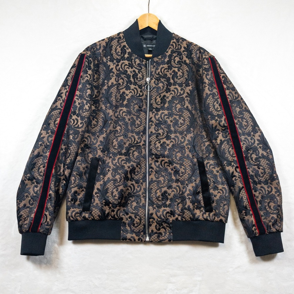 INC Bomber Jacket Men M Gold Black Baroque Velvet Rock Gothic Art Dark Academia